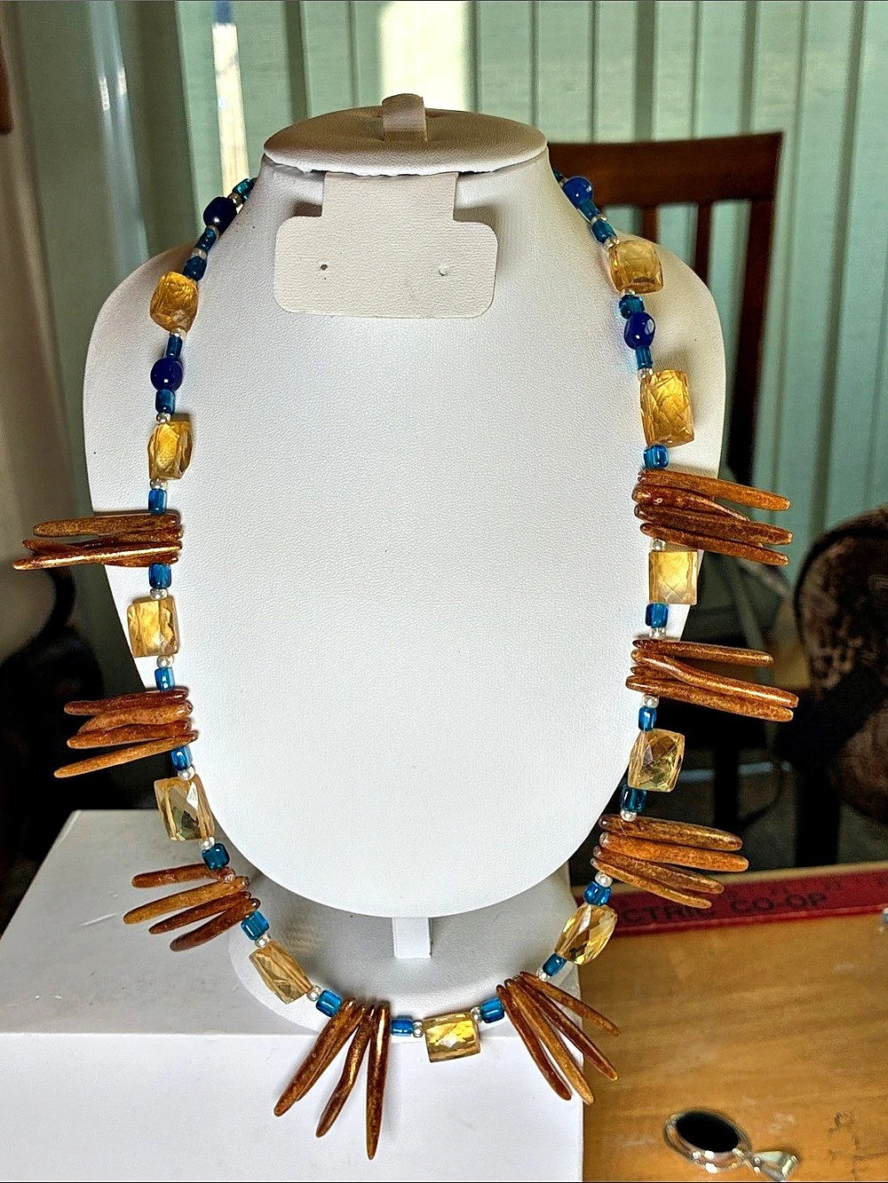 Citrine golden coral Statement Necklace in Brown & Blue Like New